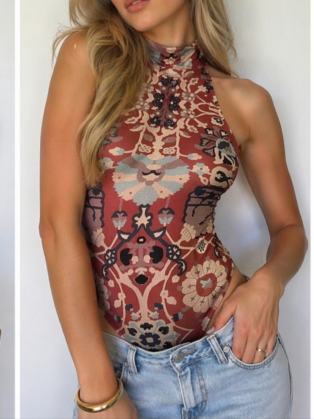 FP Intimately Body — Printed High-Neck Bodysuit in Dusty Pink-Brown